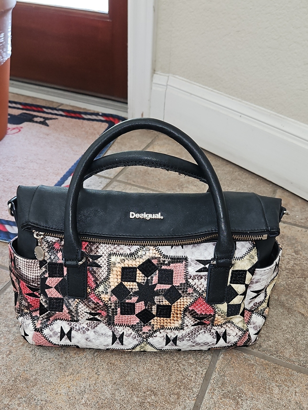 Desigual Patchwork And Black Leather Croc Tote Bag with Interior Zip Pockets